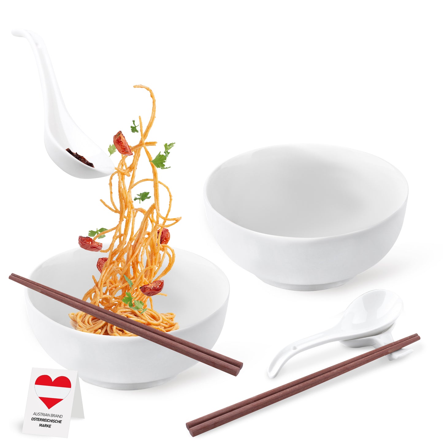Urban Lifestyle Ramen Schüssel Dinner Set 8 Stück aus Porzellan mit Löffel und Essstäbchen (Warm weiß)