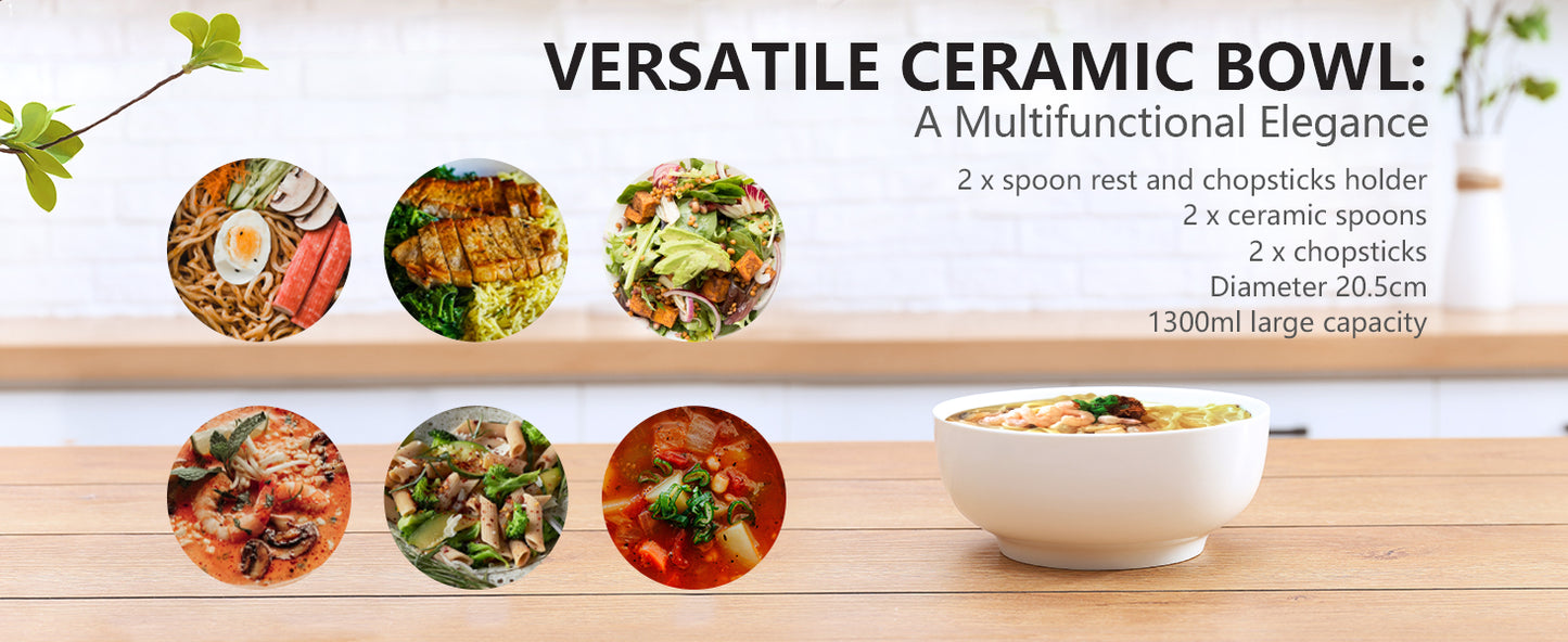 Urban Lifestyle Ramen Schüssel Dinner Set 8 Stück aus Porzellan mit Löffel und Essstäbchen (Warm weiß)