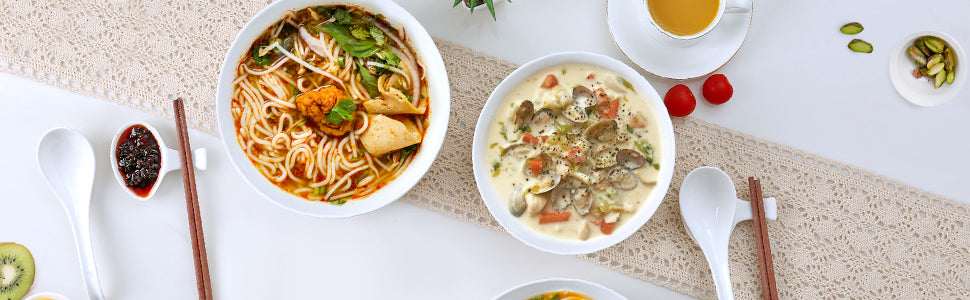 Urban Lifestyle Ramen Schüssel Dinner Set 8 Stück aus Porzellan mit Löffel und Essstäbchen (Warm weiß)