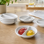 Bild in der Galerie öffnen: 6 x Runde Saucenschälchen Porzellan mit Unterteilung Stapelbar Shikoku (Ø 9 x 1,8cm Doppelschälchen) Sojasauce Schälchen, Sushi Schälchen, Fingerfood Gewürzschalen Dipschalen Set