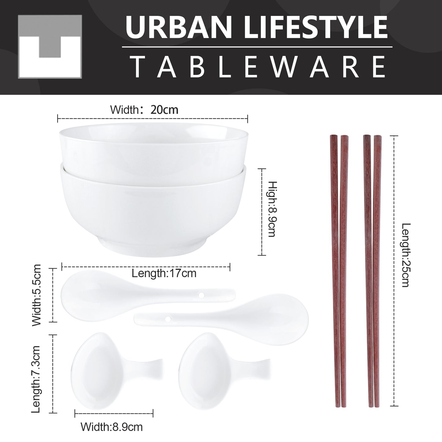Urban Lifestyle Ramen Schüssel Dinner Set 8 Stück aus Porzellan mit Löffel und Essstäbchen (Warm weiß)