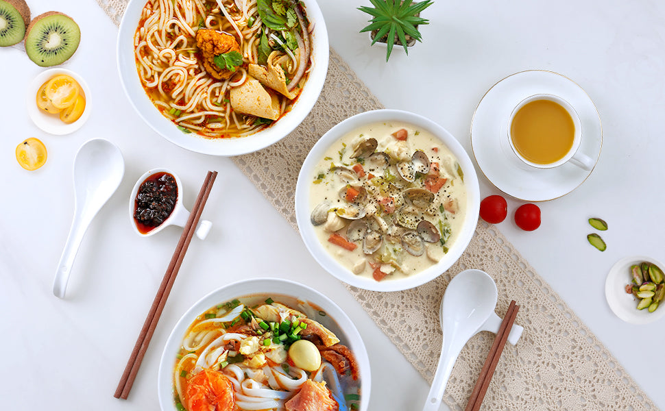 Urban Lifestyle Ramen Schüssel Dinner Set 8 Stück aus Porzellan mit Löffel und Essstäbchen (Warm weiß)