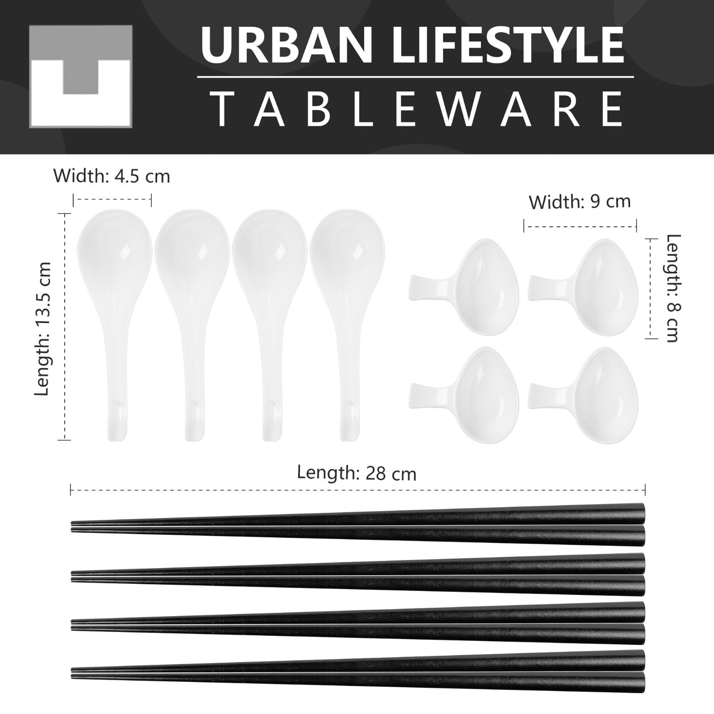 Ramen Zubehör Set 4 Personen – 4x Löffel, Schälchen & Essstäbchen (warm Weiß) Urban Lifestyle