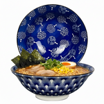 Bild in der Galerie öffnen: Ramen Schüssel Uchiwa 2er Set aus Porzellan 20,5 cm in blau weiß mit japanischem Muster