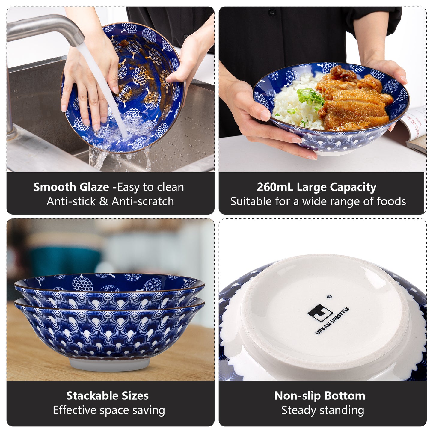 Urban Lifestyle Ramen Schüssel Dinner Set Keramik 8 Stück (Blau&weiß)