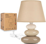 Bild in der Galerie öffnen: Tischlampe Lina Taupe glänzend – Keramikfuß mit Stoffschirm und Verpackung