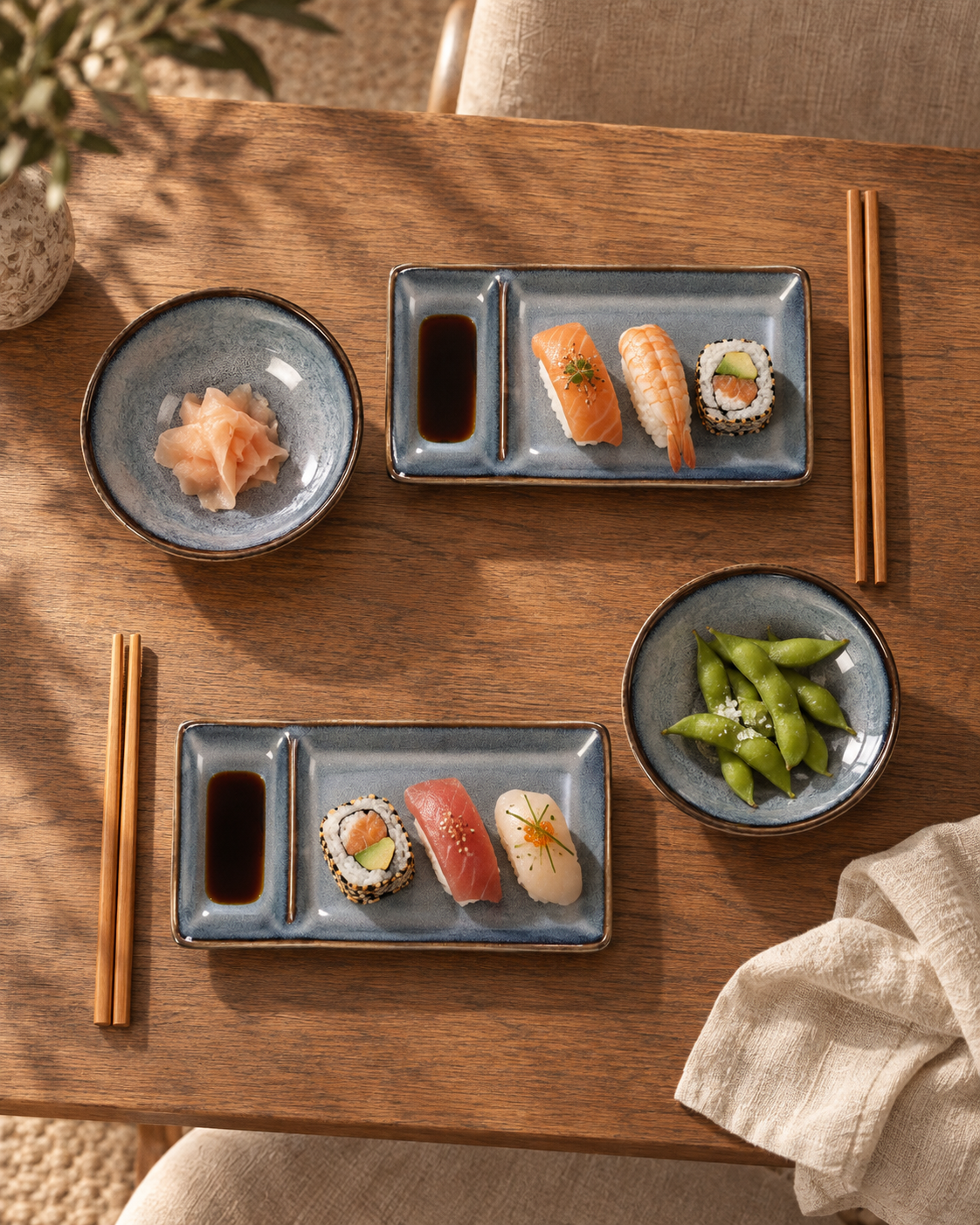 Graublaues Misaki-Sushi-Set für zwei auf einem Holztisch, mit Sushi, integrierten Saucenfächern und Holzstäbchen.