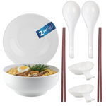 Bild in der Galerie öffnen: Weißes Ramen-Schüssel-Set aus Porzellan – 2-teilig mit Essstäbchen und Suppenlöffeln, asiatisches Geschirr
