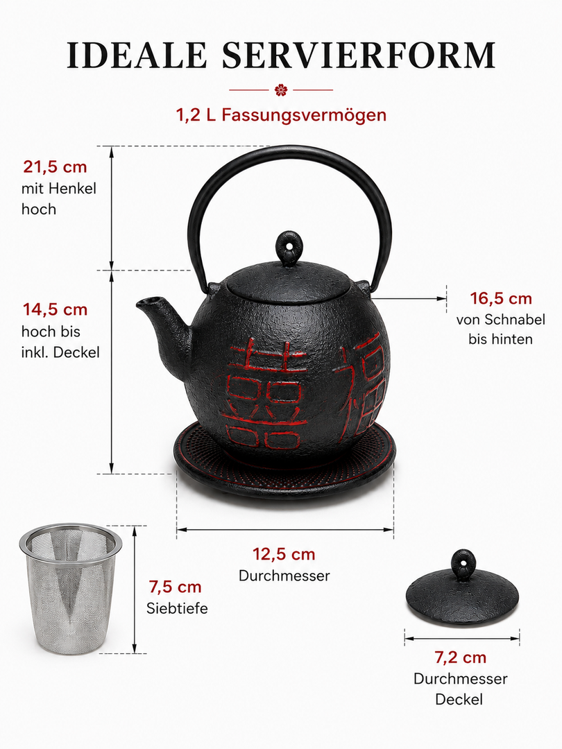 Shiawase Gusseisen Teekanne 1,2 L mit Sieb und Untersetzer