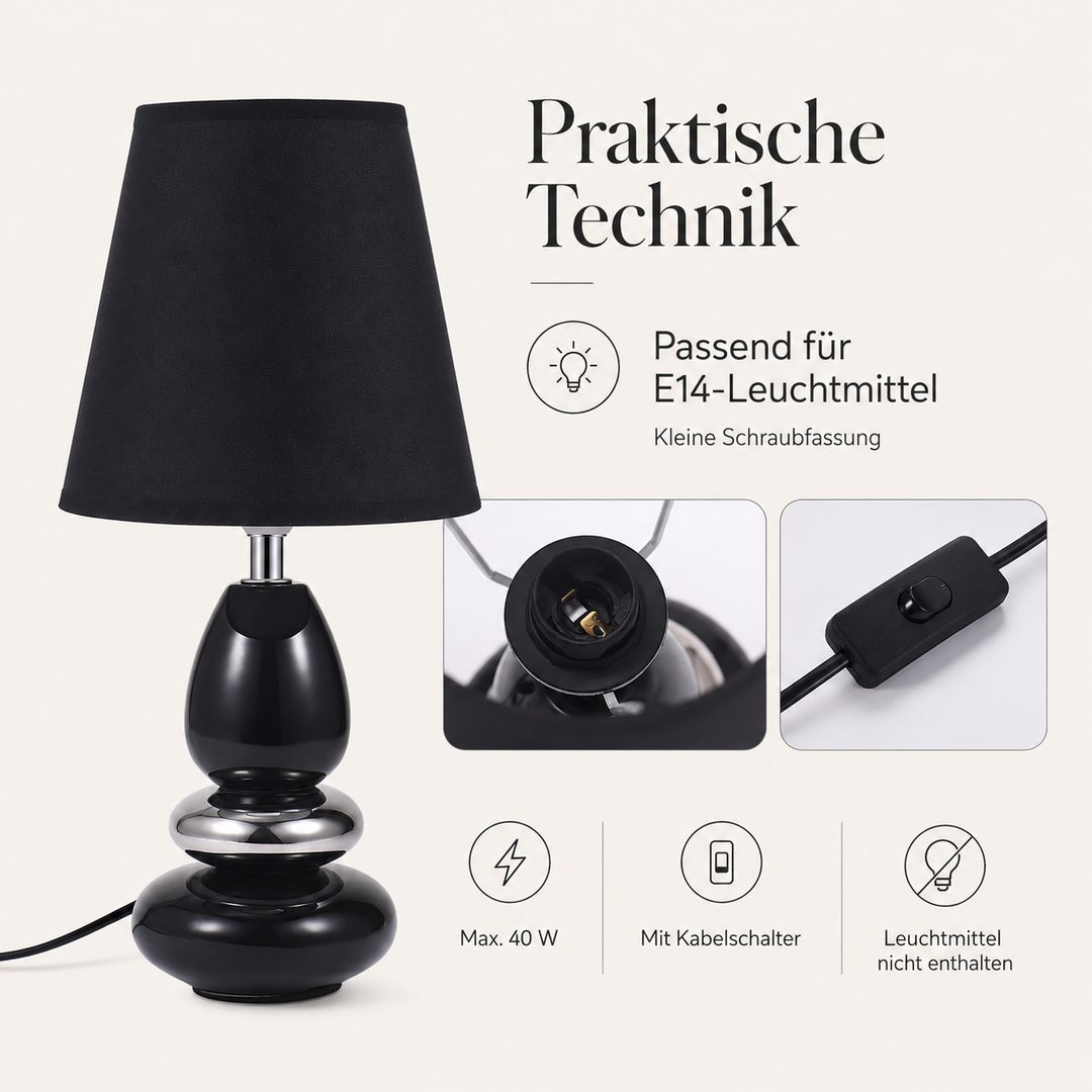 Tischlampe ANNA Schwarz aus Keramik mit Stoffschirm