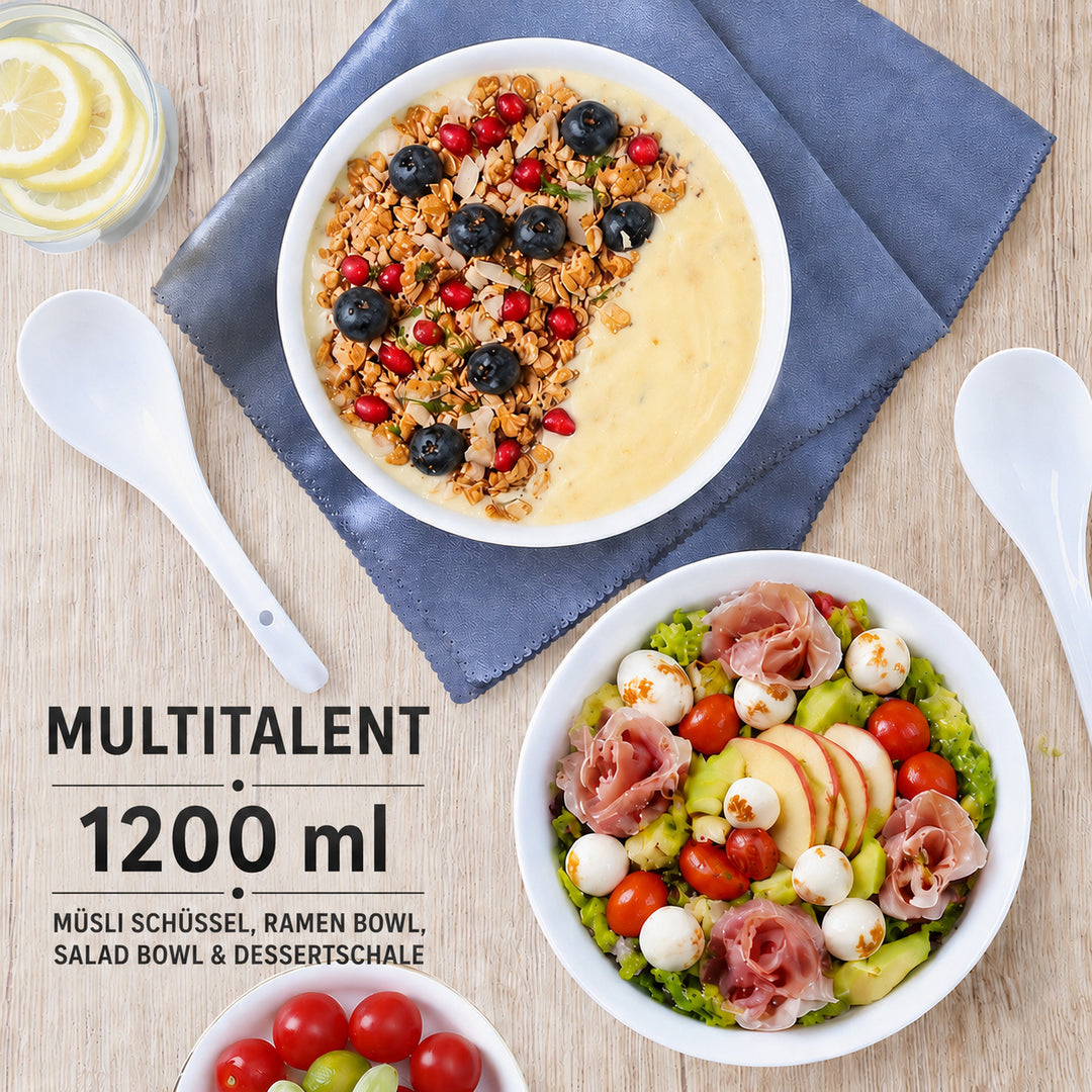 Porzellan Müslischalen Set warmweiß Ø 17,5 cm – Infografik Maße und Vorteile