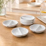 Bild in der Galerie öffnen: 6 x Runde Saucenschälchen Porzellan mit Unterteilung Stapelbar Shikoku (Ø 9 x 1,8cm Doppelschälchen) Sojasauce Schälchen, Sushi Schälchen, Fingerfood Gewürzschalen Dipschalen Set