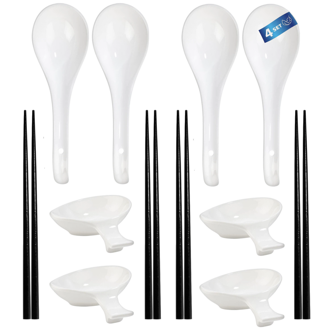 Ramen Zubehör Set 4 Personen – 4x Löffel, Schälchen & Essstäbchen (warm Weiß) Urban Lifestyle