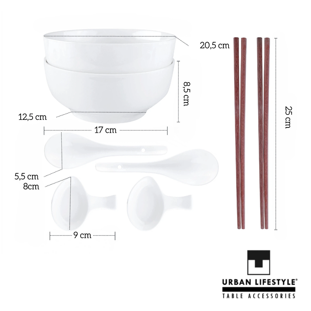 URBAN LIFESTYLE Ramen Schüssel Dinner Set Ø 20,5cm 8 Stück aus Porzellan mit Löffel und Essstäbchen (warm weiß)