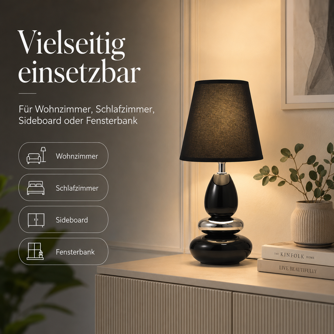 Tischlampe ANNA Schwarz aus Keramik mit Stoffschirm