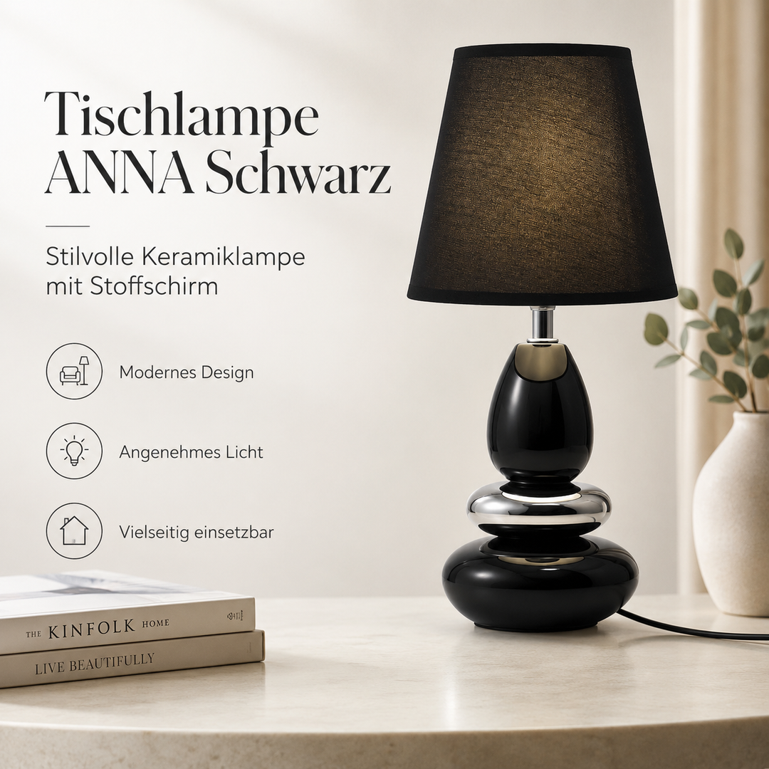 Tischlampe ANNA Schwarz aus Keramik mit Stoffschirm