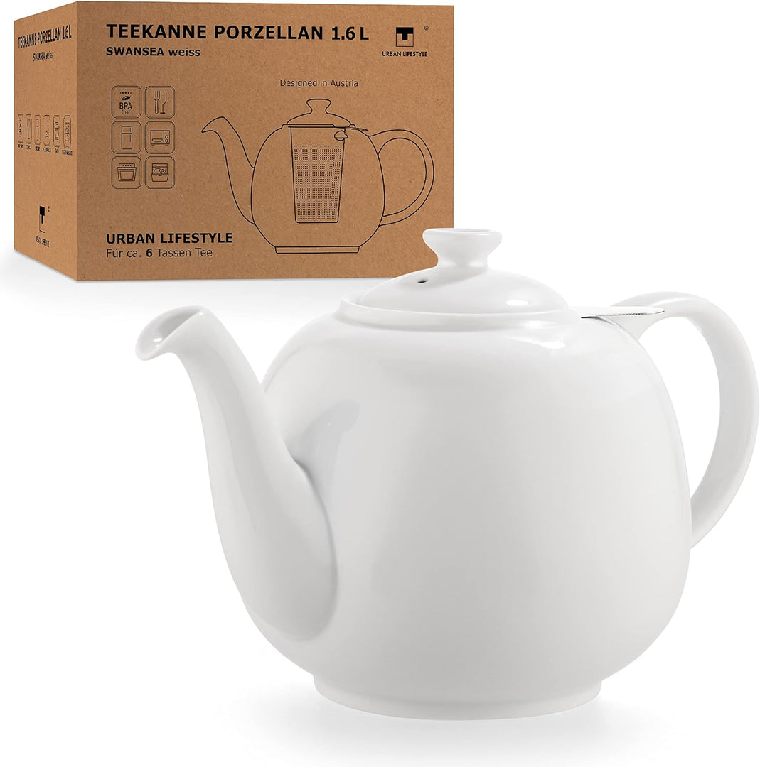 Porzellan-Teekanne „Swansea“ 1,6 L weiß mit Siebeinsatz – URBAN LIFESTYLE