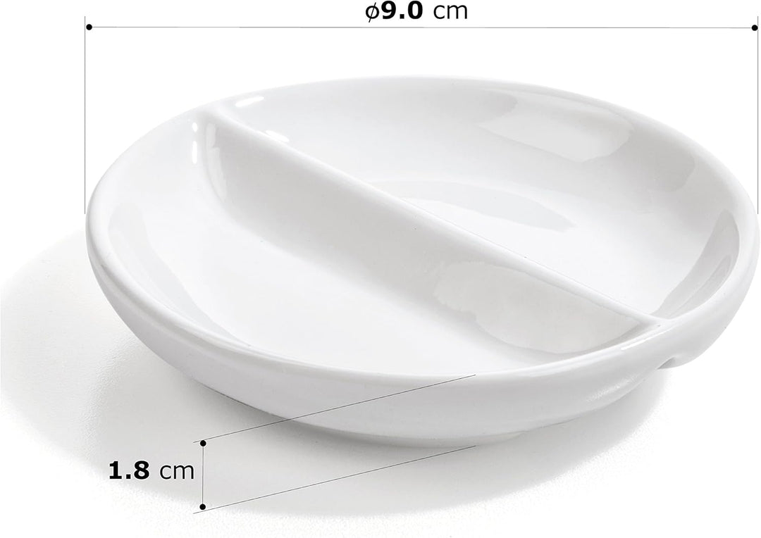 6 x Runde Saucenschälchen Porzellan mit Unterteilung Stapelbar Shikoku (Ø 9 x 1,8cm Doppelschälchen) Sojasauce Schälchen, Sushi Schälchen, Fingerfood Gewürzschalen Dipschalen Set