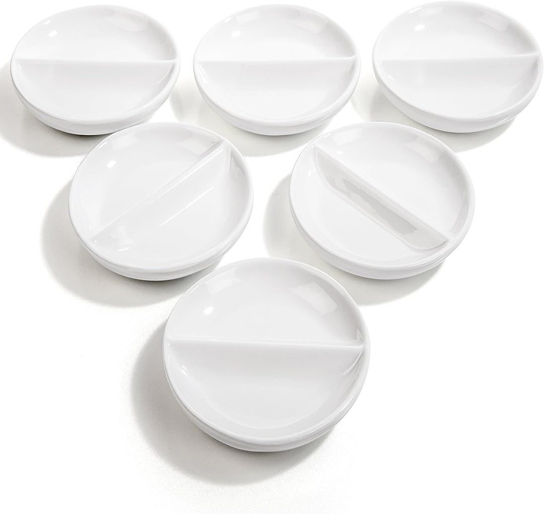 6 x Runde Saucenschälchen Porzellan mit Unterteilung Stapelbar Shikoku (Ø 9 x 1,8cm Doppelschälchen) Sojasauce Schälchen, Sushi Schälchen, Fingerfood Gewürzschalen Dipschalen Set