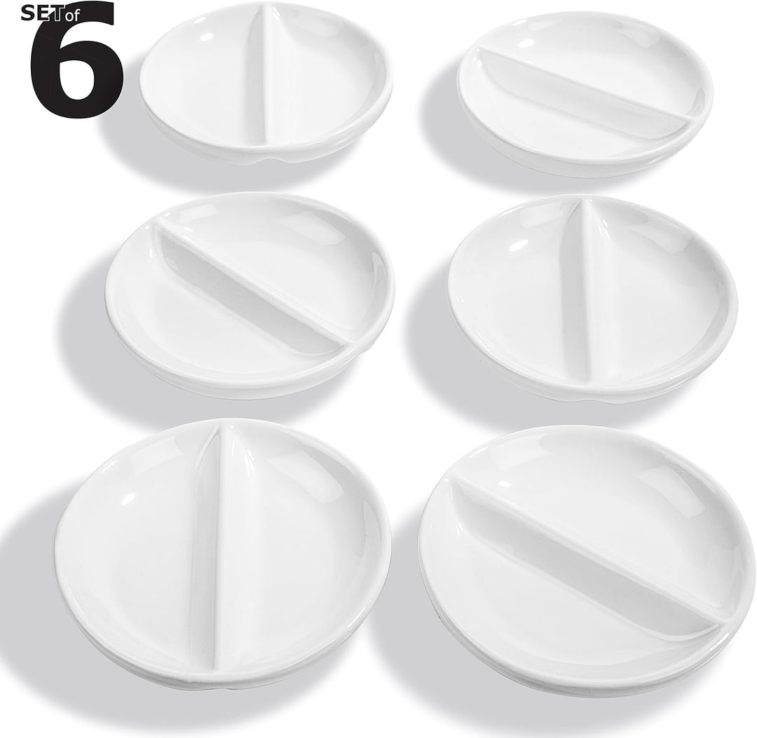 6 x Runde Saucenschälchen Porzellan mit Unterteilung Stapelbar Shikoku (Ø 9 x 1,8cm Doppelschälchen) Sojasauce Schälchen, Sushi Schälchen, Fingerfood Gewürzschalen Dipschalen Set