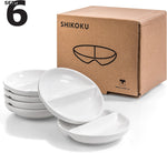 Bild in der Galerie öffnen: 6 x Runde Saucenschälchen Porzellan mit Unterteilung Stapelbar Shikoku (Ø 9 x 1,8cm Doppelschälchen) Sojasauce Schälchen, Sushi Schälchen, Fingerfood Gewürzschalen Dipschalen Set