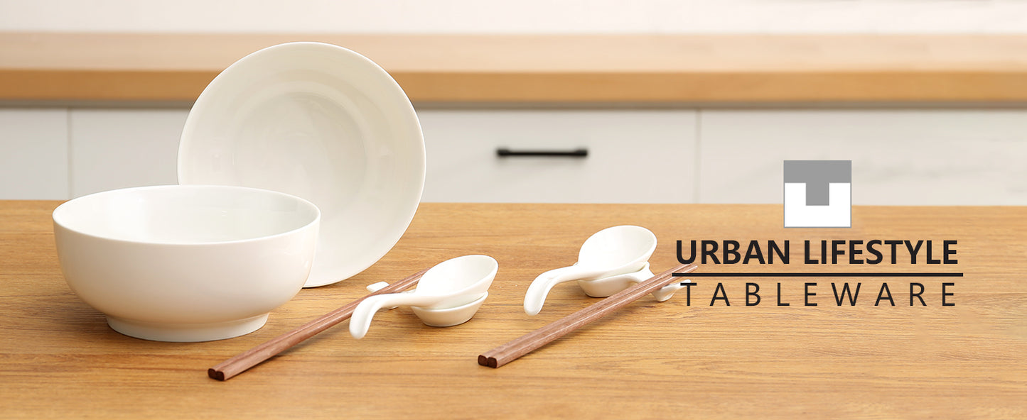 Urban Lifestyle Ramen Schüssel Dinner Set 8 Stück aus Porzellan mit Löffel und Essstäbchen (Warm weiß)