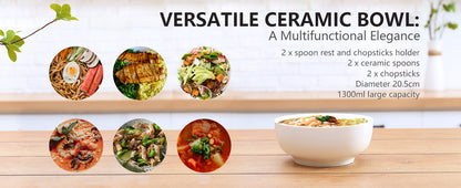 Urban Lifestyle Ramen Schüssel Dinner Set 8 Stück aus Porzellan mit Löffel und Essstäbchen (Warm weiß)