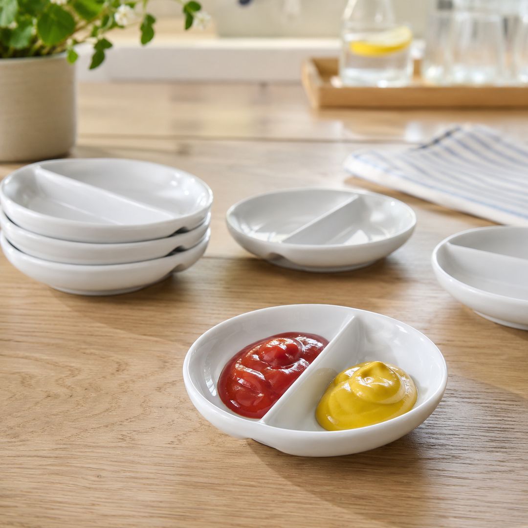 6 x Runde Saucenschälchen Porzellan mit Unterteilung Stapelbar Shikoku (Ø 9 x 1,8cm Doppelschälchen) Sojasauce Schälchen, Sushi Schälchen, Fingerfood Gewürzschalen Dipschalen Set
