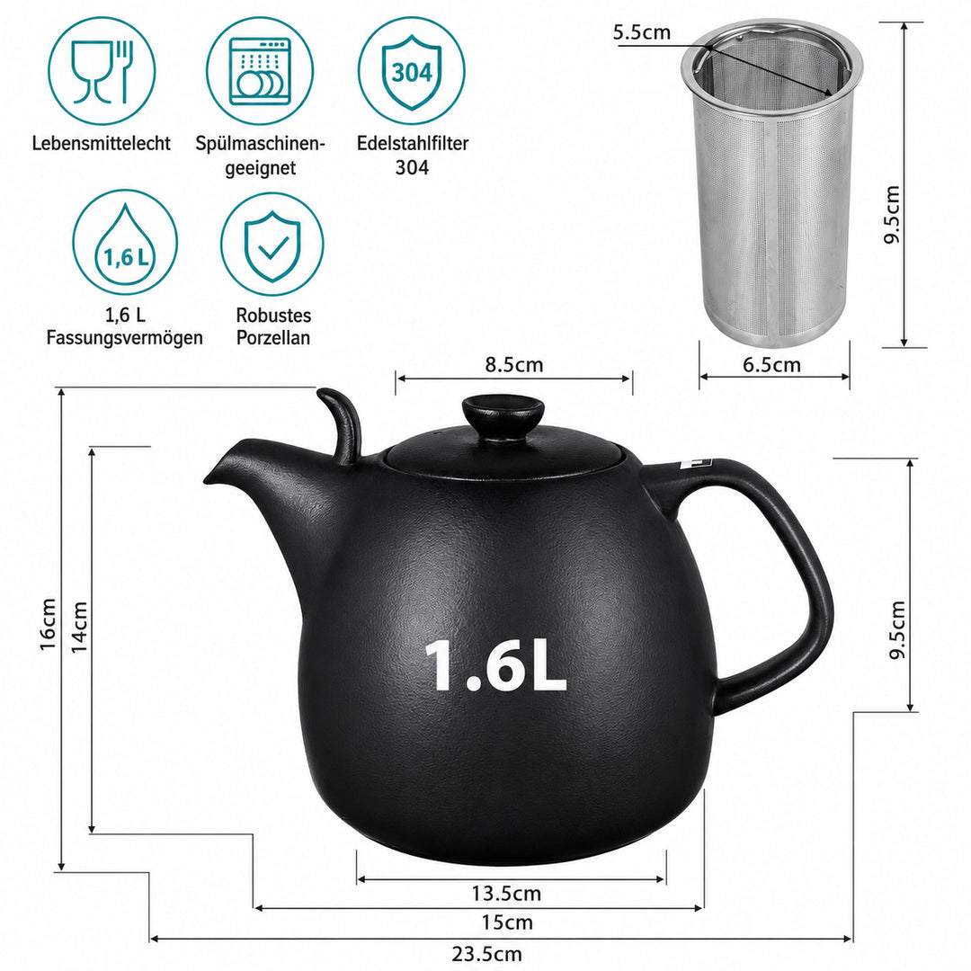 URBAN LIFESTYLE Teekanne Kopenhagen schwarz 1,6L Porzellan – Seitenansicht