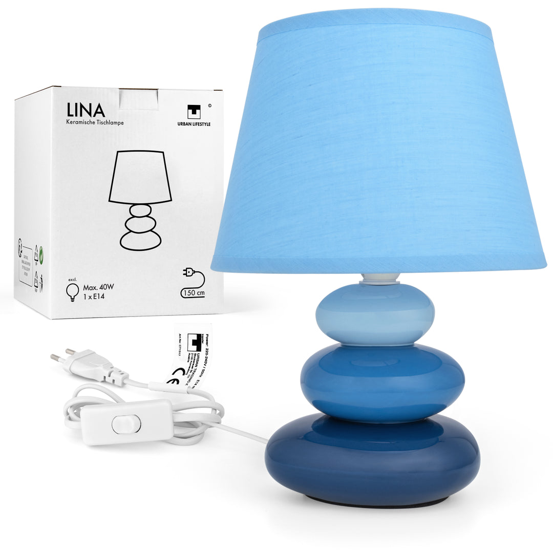 Urban Lifestyle Nachttischlampe Lina Blau, Keramik Tischlampe mit Stoffschirm, E14, LED geeignet