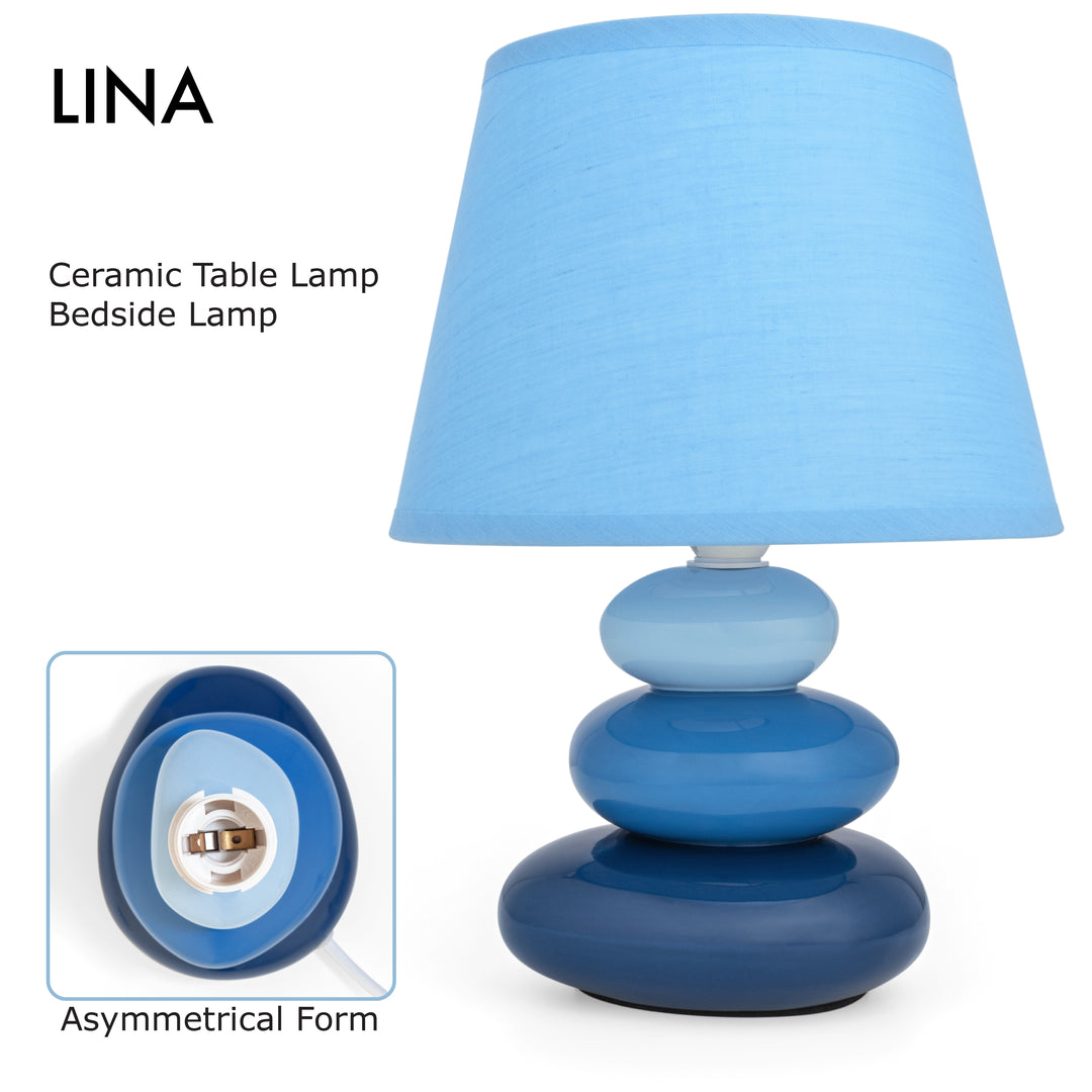 Urban Lifestyle Nachttischlampe Lina Blau, Keramik Tischlampe mit Stoffschirm, E14, LED geeignet
