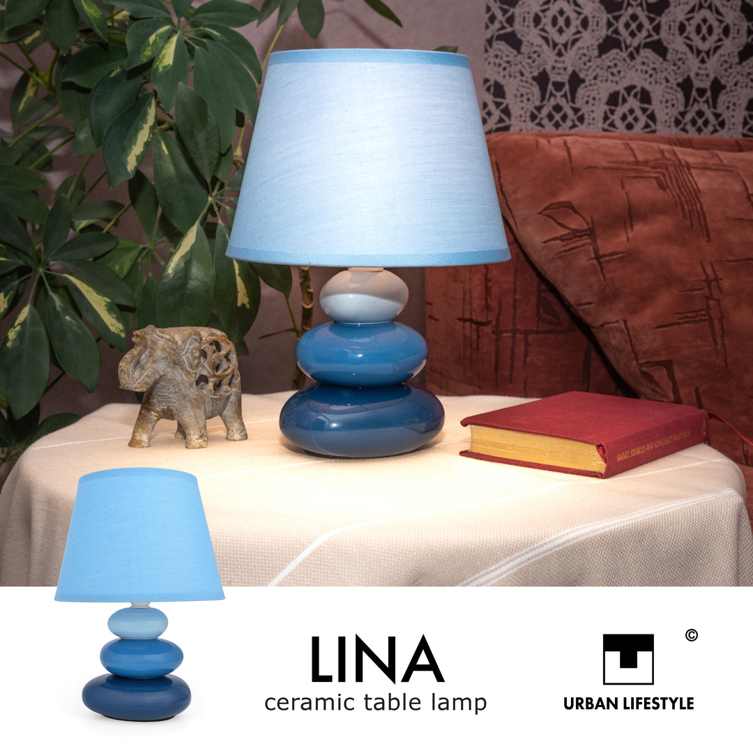 Urban Lifestyle Nachttischlampe Lina Blau, Keramik Tischlampe mit Stoffschirm, E14, LED geeignet