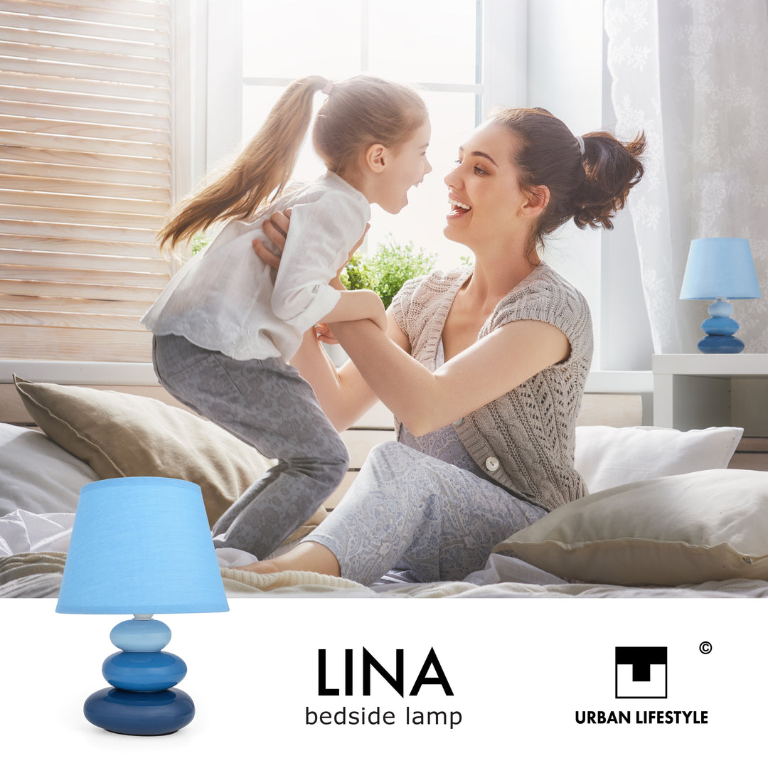Urban Lifestyle Nachttischlampe Lina Blau, Keramik Tischlampe mit Stoffschirm, E14, LED geeignet
