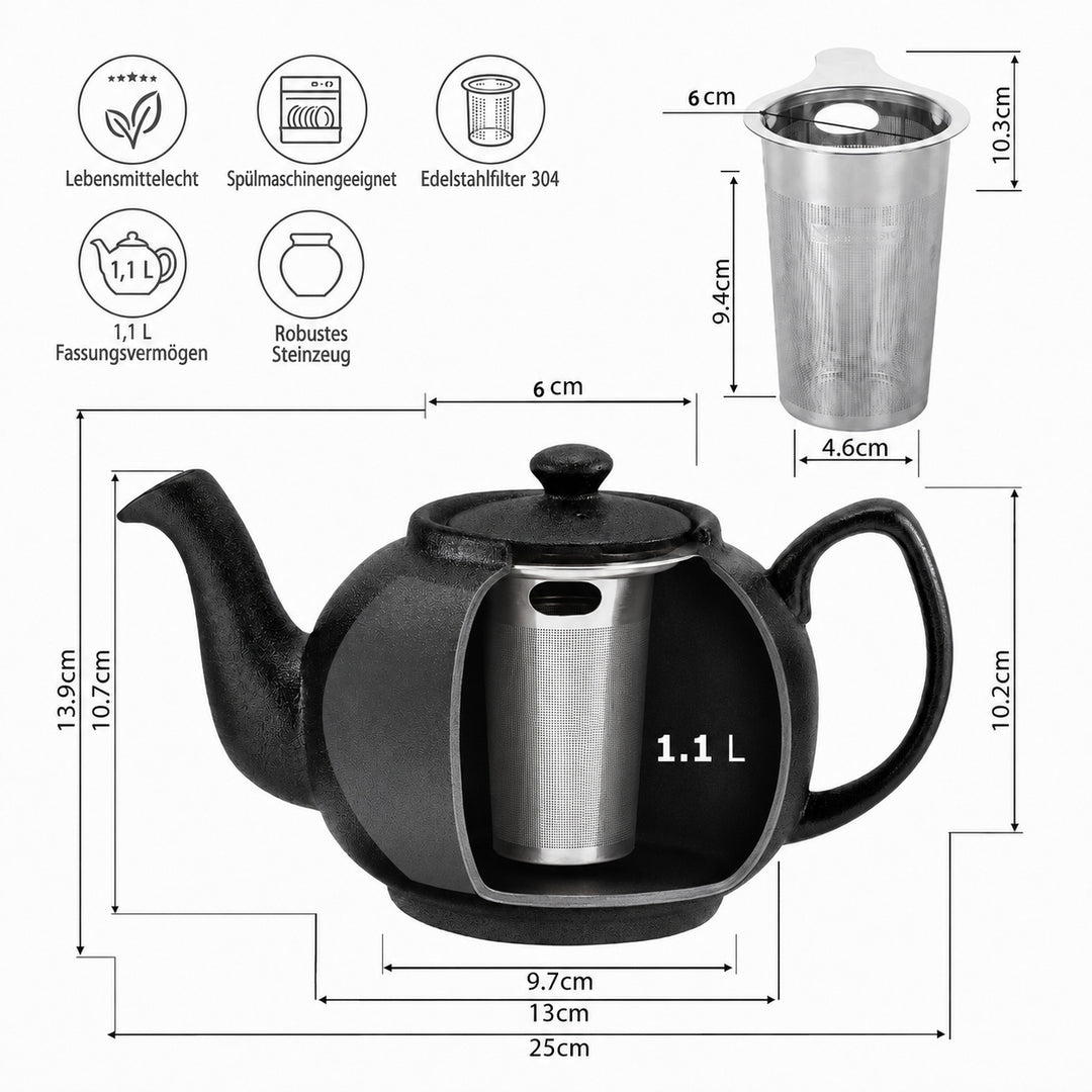 Teekanne Liverpool mit Siebeinsatz – Steinzeug, Schwarz Matt, 1,1 L