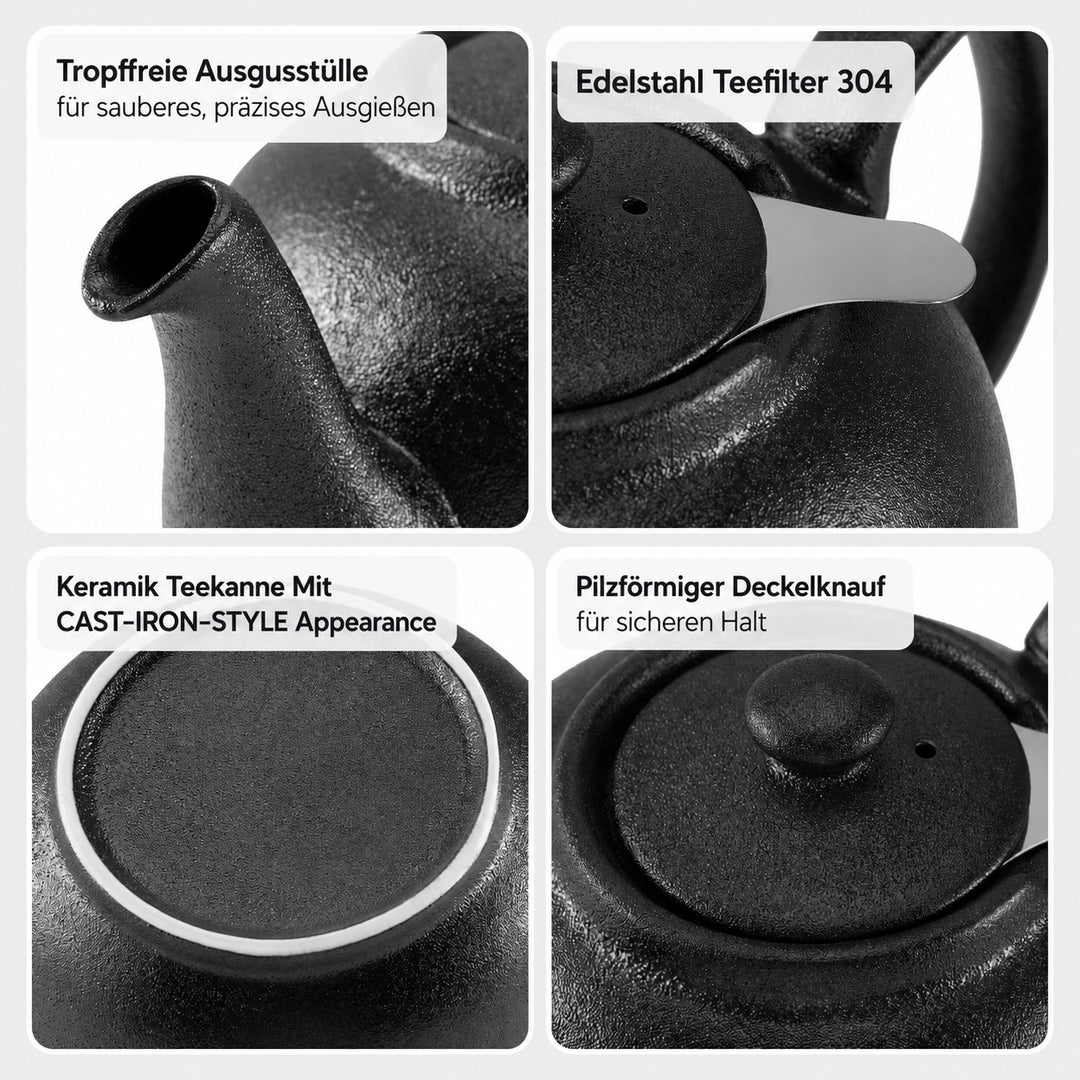 Teekanne Liverpool mit Siebeinsatz – Steinzeug, Schwarz Matt, 1,1 L
