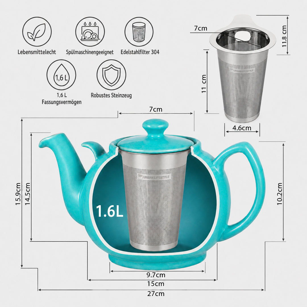 Teekanne Liverpool mit Stövchen – Steinzeug, Türkis, 1,6 L, mit Edelstahlsieb