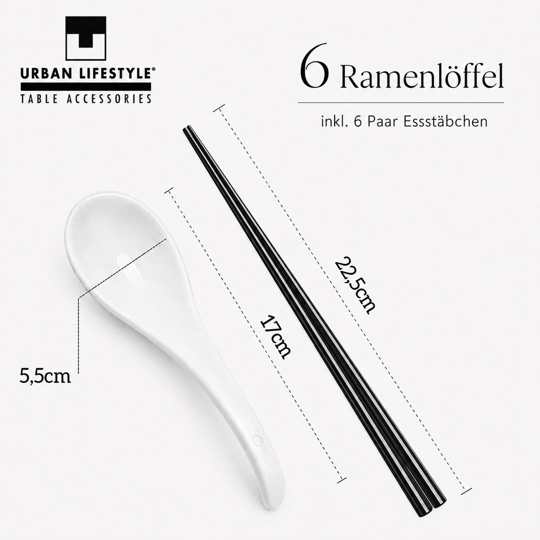 Ramen Löffel Set 6er mit Essstäbchen Weiß