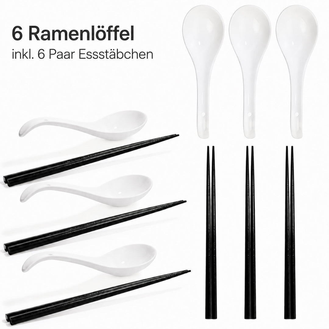 Ramen Löffel Set 6er mit Essstäbchen Weiß