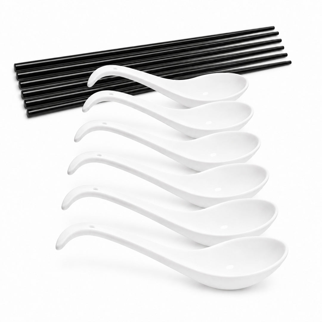 Ramen Löffel Set 6er mit Essstäbchen Weiß