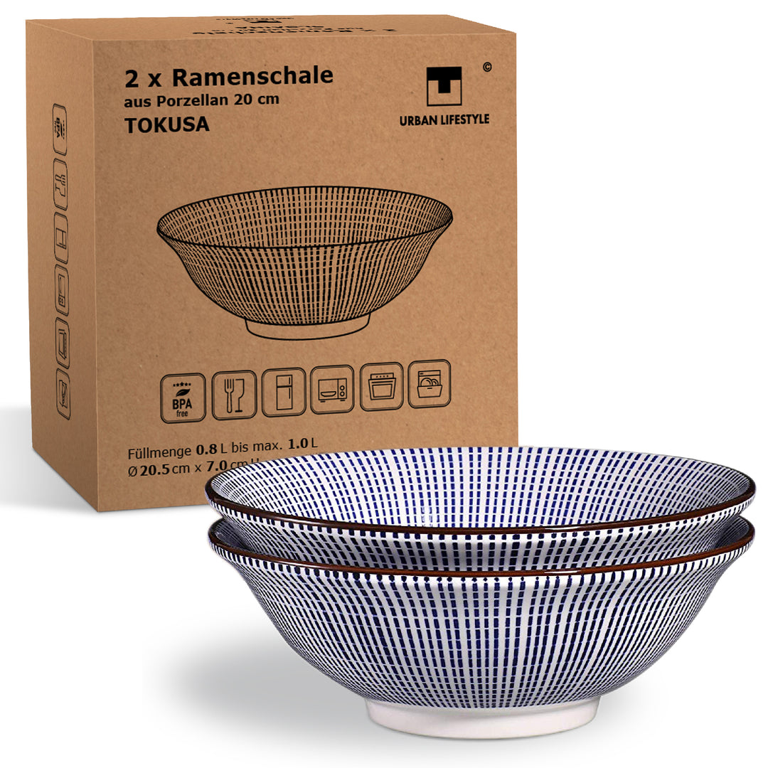 2er Set Tokusa Ramen Schalen aus Porzellan – 20 cm Durchmesser, Blau-Weißes Linienmuster