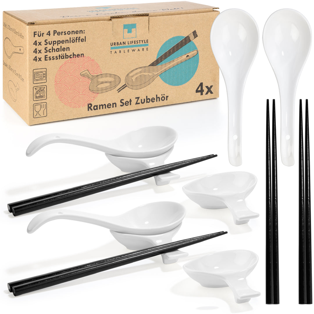 Ramen Zubehör Set für 4 Personen mit Löffeln, Dipschalen & Essstäbchen Weiß URBAN LIFESTYLE