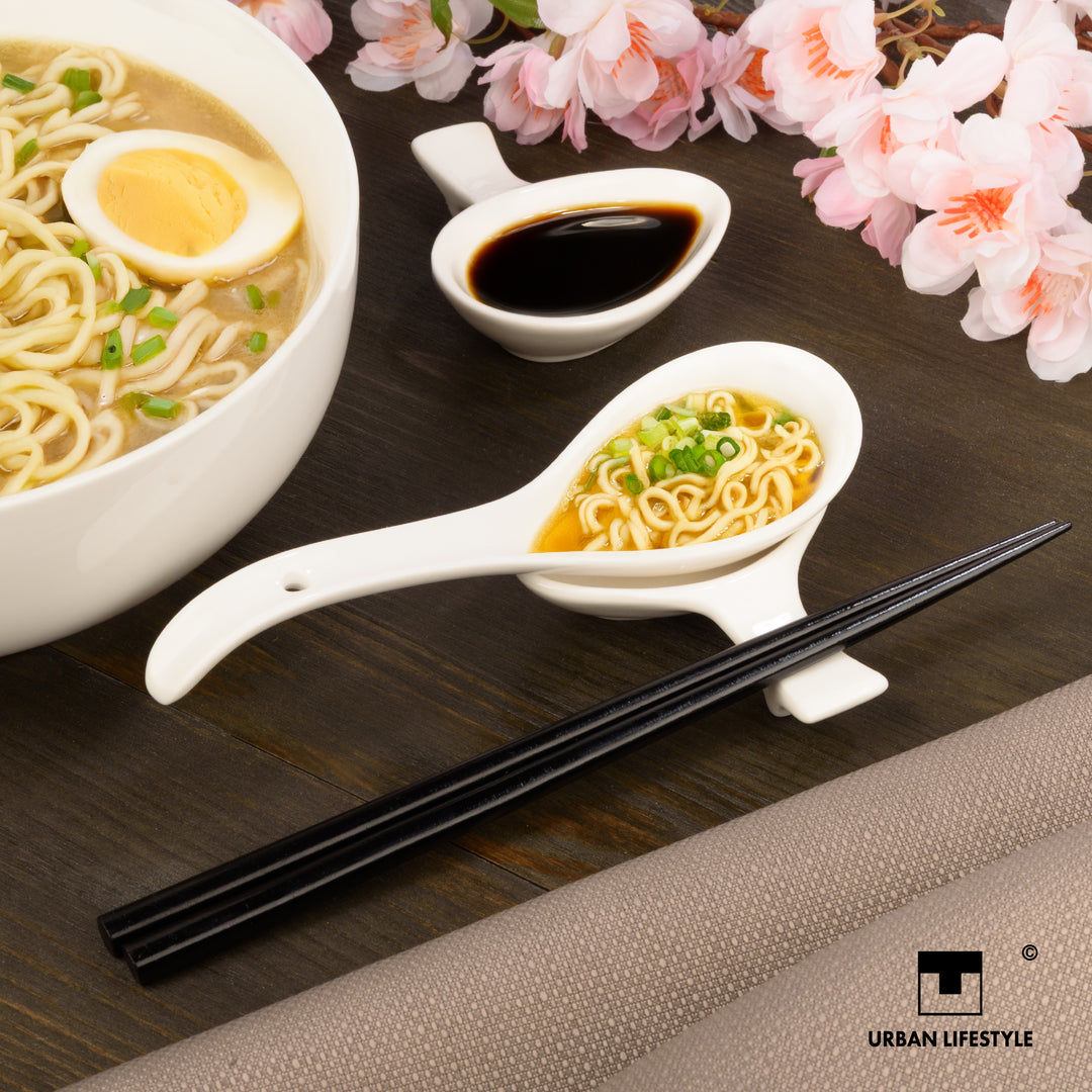 Ramen Löffel Set Weiß für 2 Personen aus Porzellan mit Dipschalen & Essstäbchen