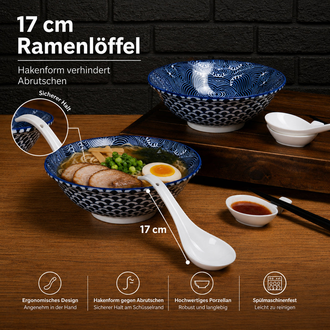 Ramen Löffel Set 6er mit Essstäbchen Weiß