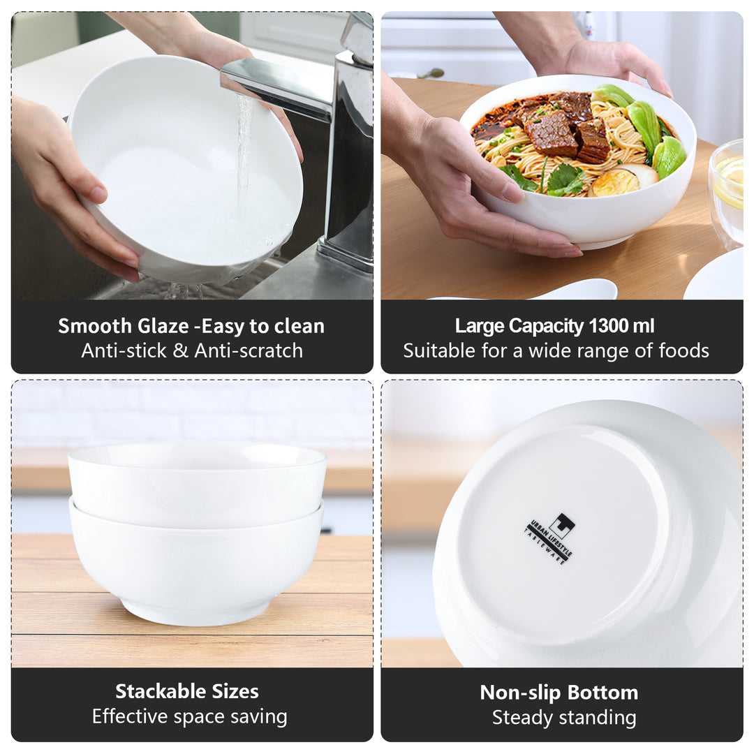 URBAN LIFESTYLE Ramen Schüssel aus Porzellan Warm Weiß mit Löffel und Essstäbchen 17,5cm