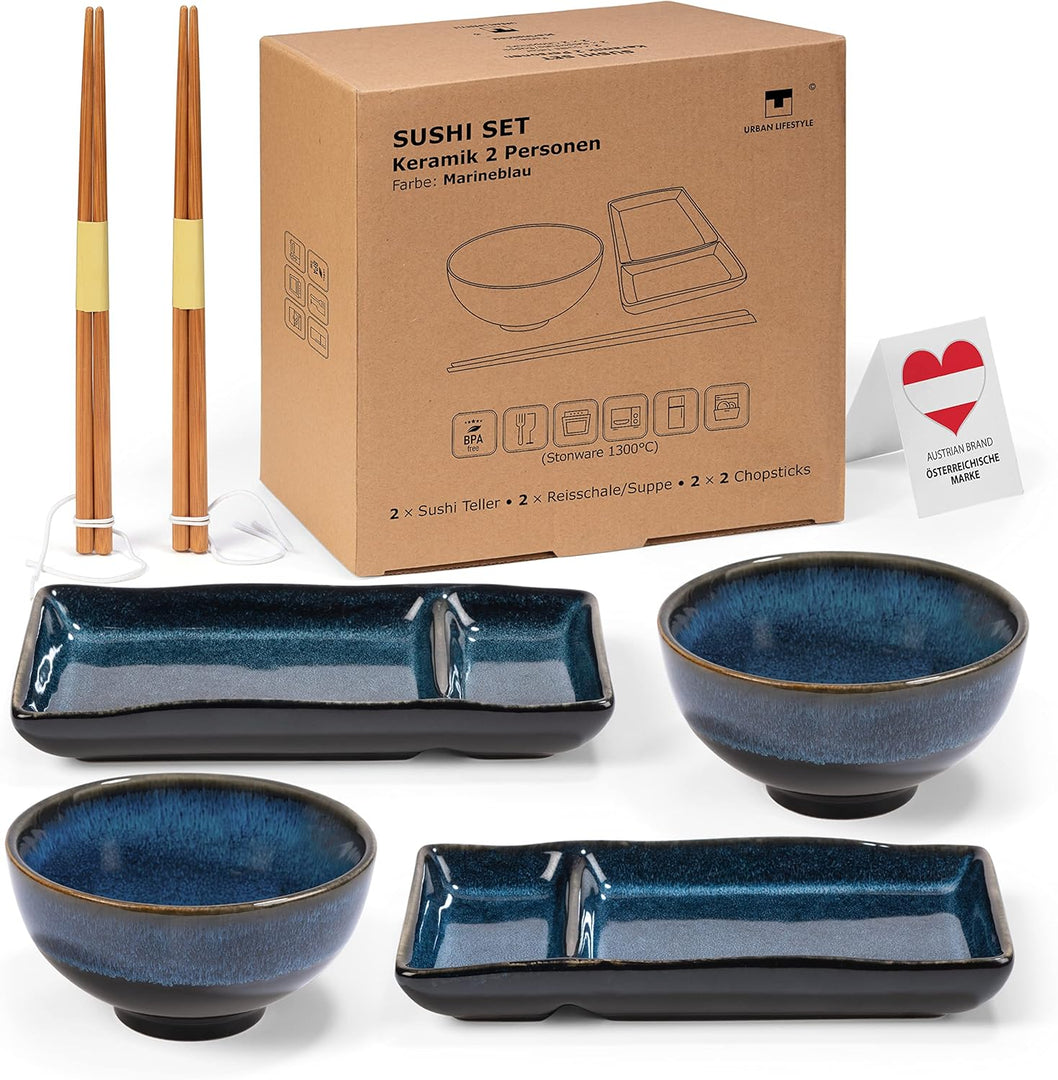 Sushi Set Misaki Marineblau - Teller Schalen Essstäbchen für 2 Personen