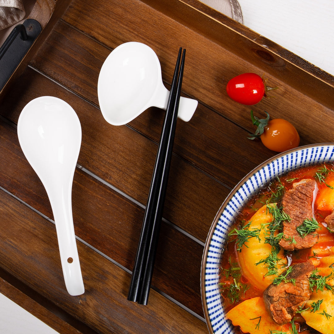 Ramen Löffel Set Weiß für 2 Personen aus Porzellan mit Dipschalen & Essstäbchen