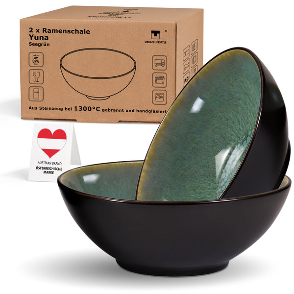URBAN LIFESTYLE Ramen Schüssel Yuna seegrün Keramik 2er Set – handgetöpfert
