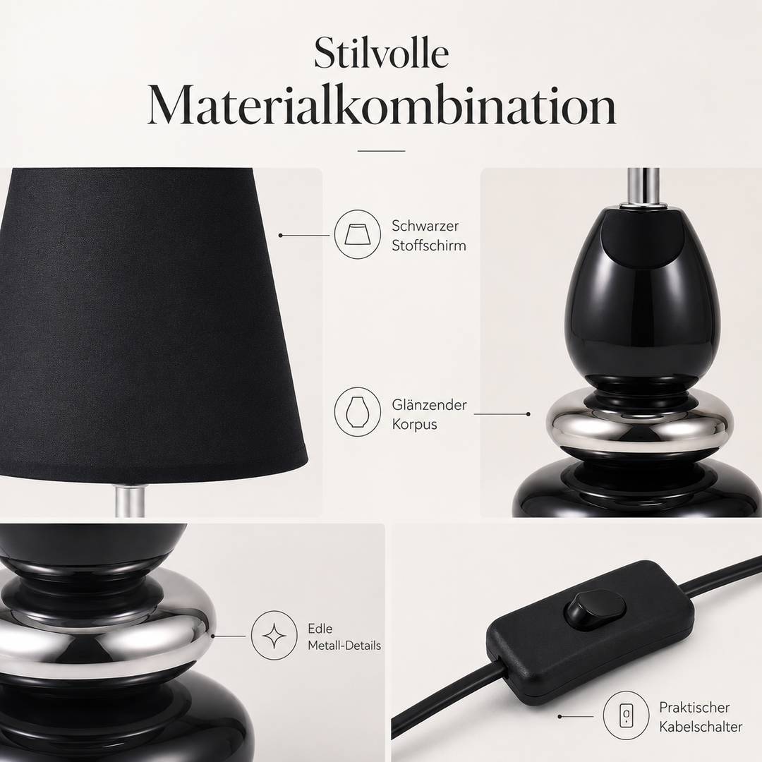 Tischlampe ANNA Schwarz aus Keramik mit Stoffschirm