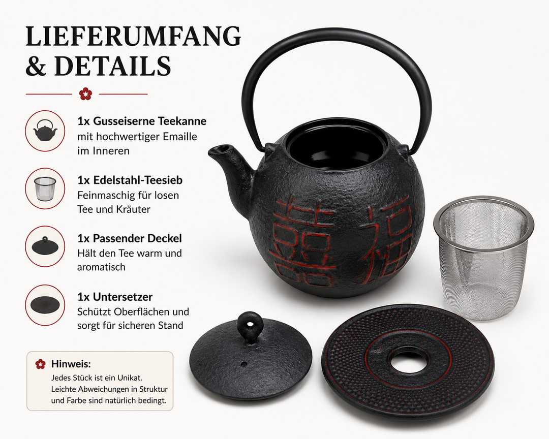Shiawase Gusseisen Teekanne 1,2 L mit Sieb und Untersetzer