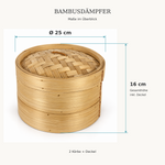 Bild in der Galerie öffnen: Abmessungen Bambusdämpfer: Ø 25 cm, Gesamthöhe inklusive Deckel 16 cm – zwei Körbe und Deckel